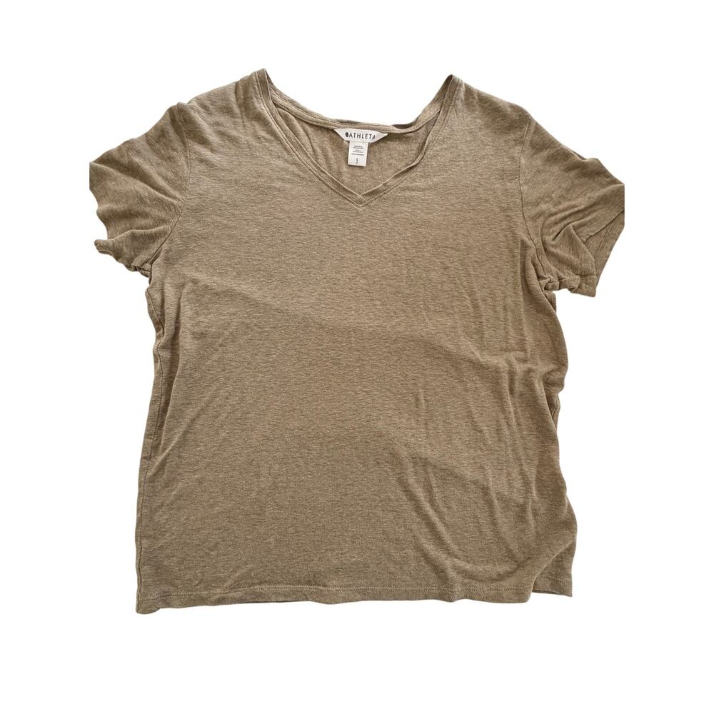 Athleta Linen Tee Womens Small Brown V Neck Short Sleeve Relaxed Casual Shirt
